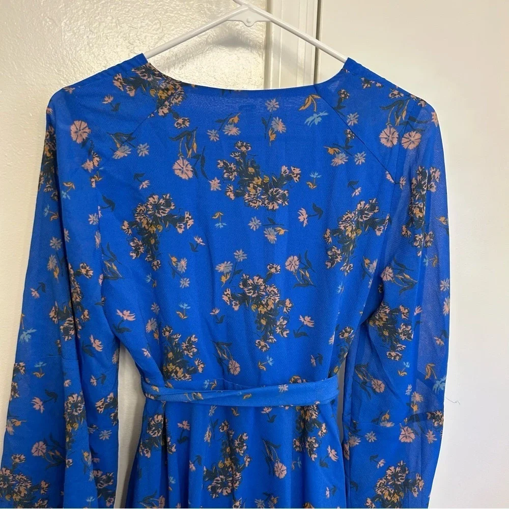 Free People Lilou Blue Floral Long Sleeve Mini Dress Women’s Small Boho Chic